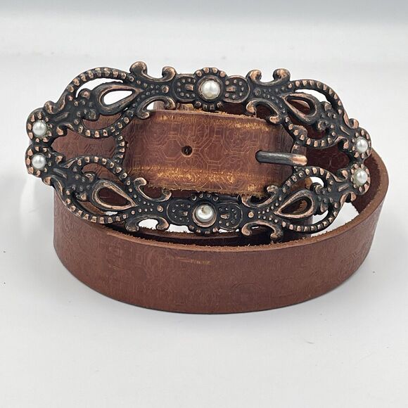 Linea Pelle Accessories - LINEA PELLE Brown Leather Belt Embossed 7/8" Western Antiqued Buckle Hand Made